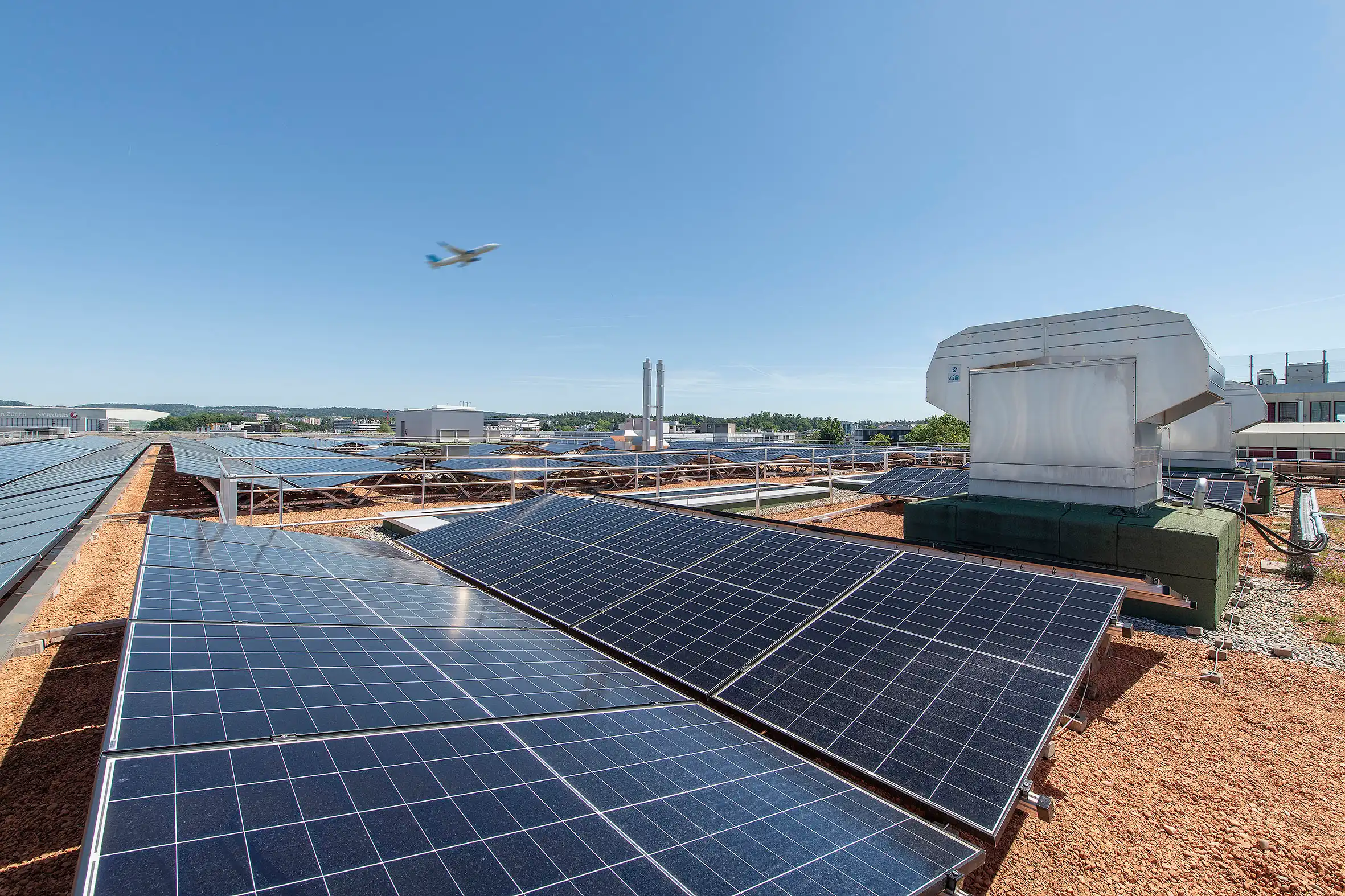 Rooftop filled with solar panels under a clear blue sky, an airplane visible above in the distance.