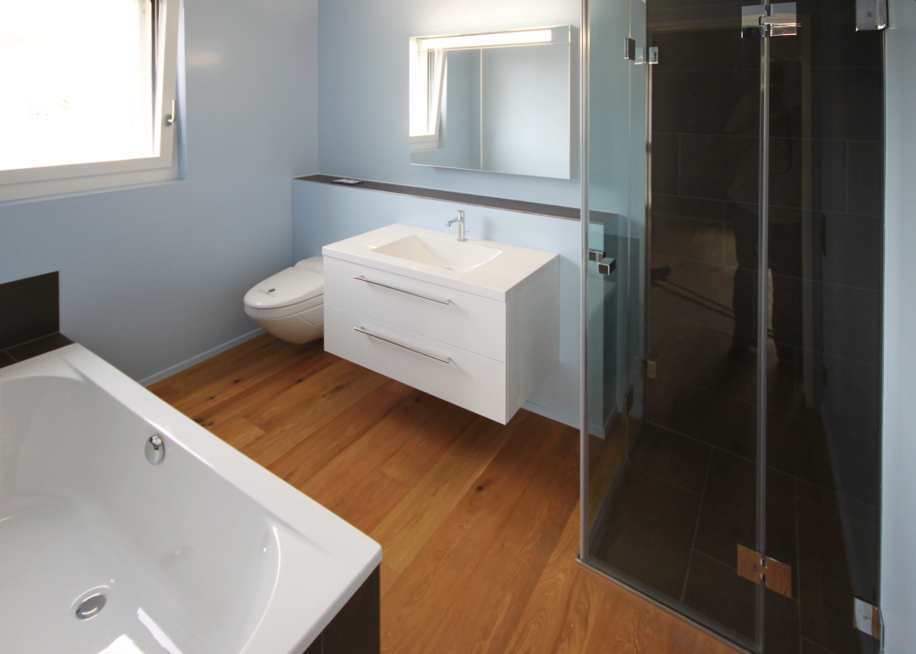 Modern bathroom with a white vanity, wall-mounted sink, and large mirror, plus a glass-enclosed shower and toilet against light blue walls and wood-look flooring.